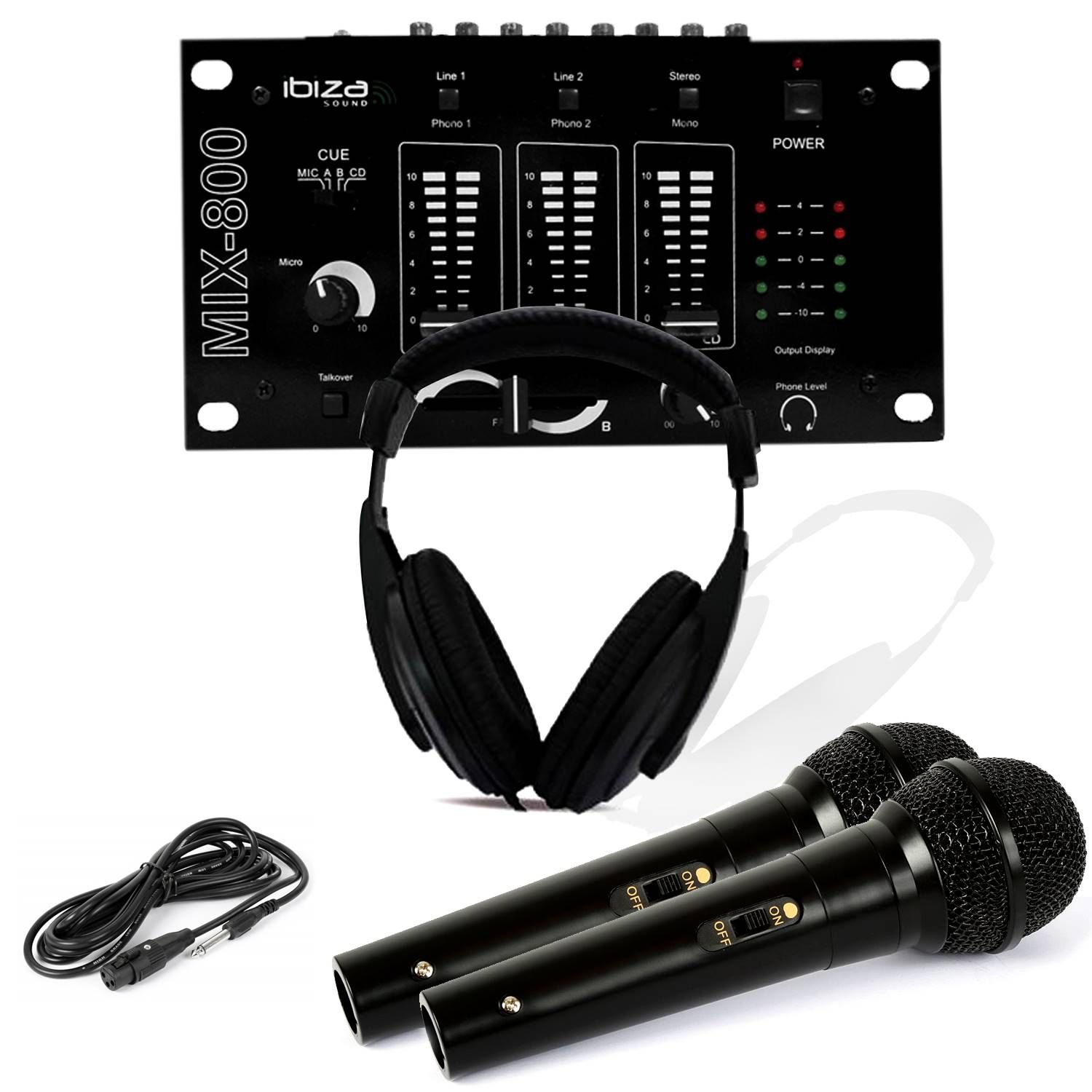 Ibiza DJ Headphones + MIX-800 Ibiza Mixing Table + 2 Dynamic Micros - Black