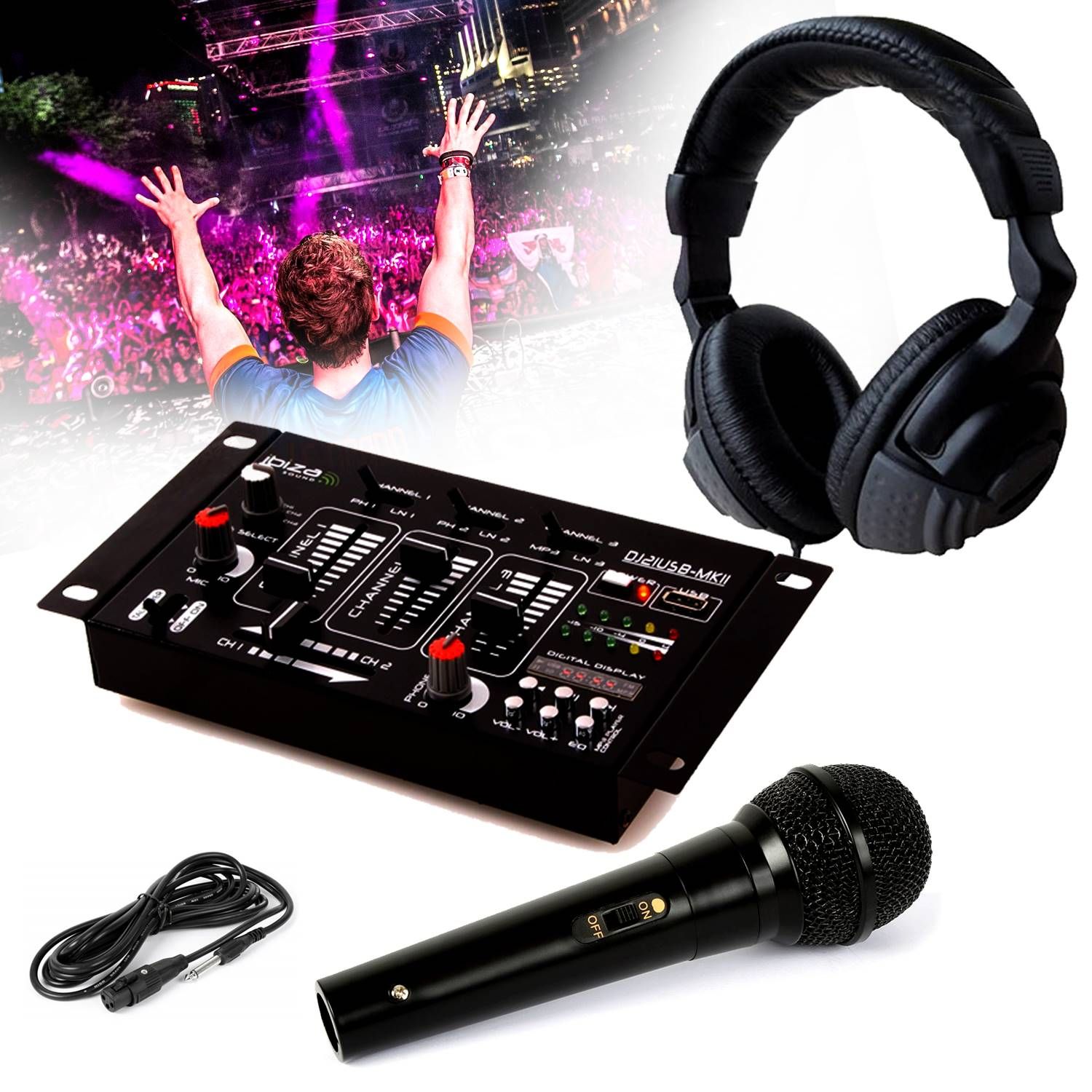 IBIZA Sound DJ Mixer + DJ Headphones and Dynamic Microphone - Black