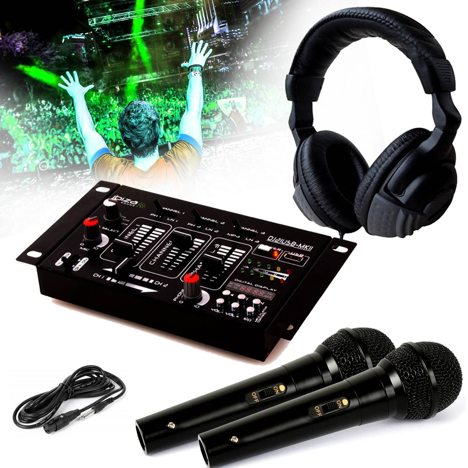 Mezclador IBIZA Sound + Auriculares DJ y Micrófonos Dinámicos