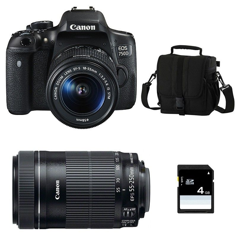 Kit Canon EOS 750D avec objectifs 18-55 IS STM et 55-250 IS STM, sac et carte SD 4Go