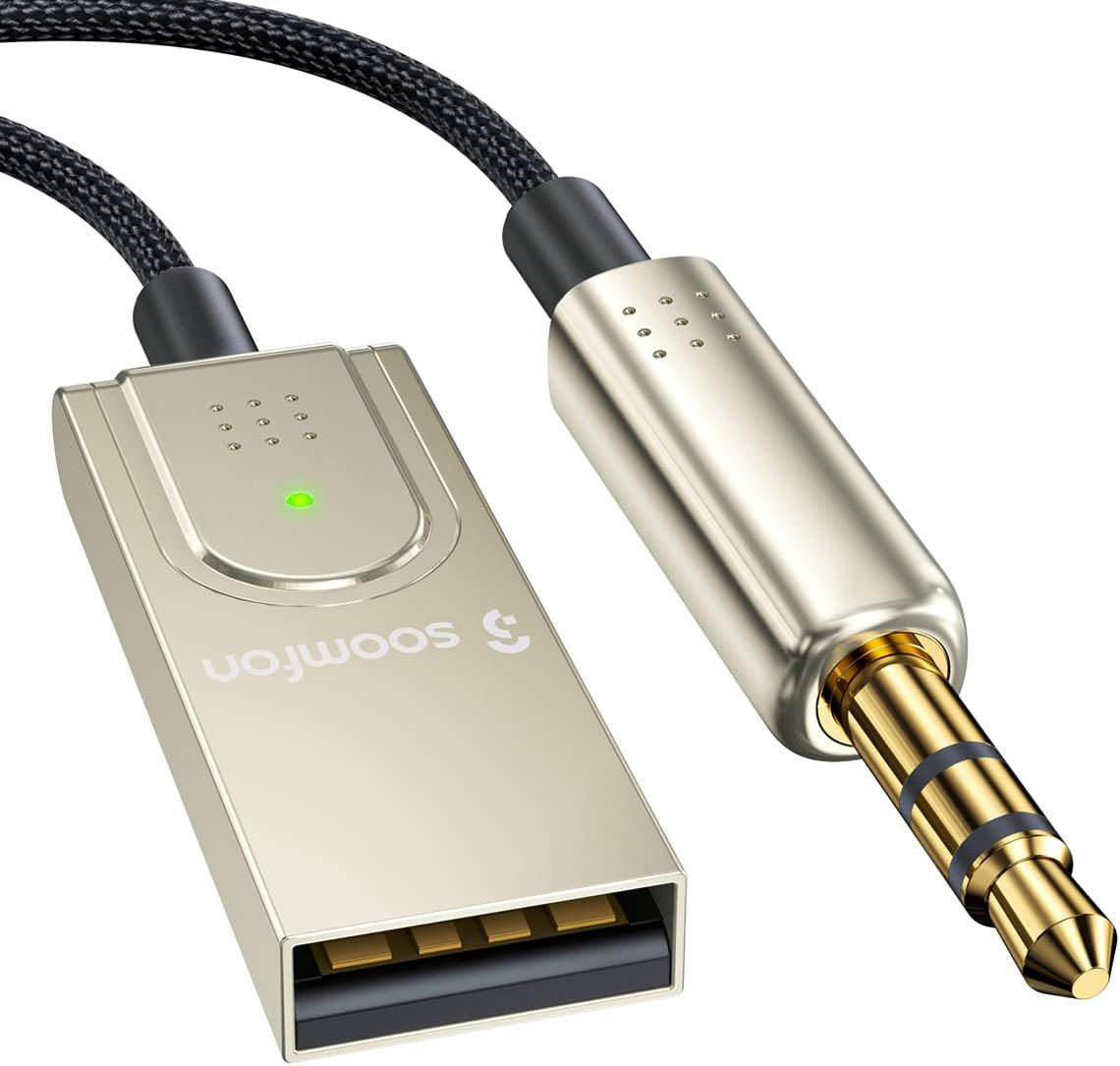 SOOMFON Bluetooth 5.1 Car Receiver - 3.5mm USB Jack Audio Adapter with Built-in Microphone, Low Latency, Plug and Play for Car, Music Streaming