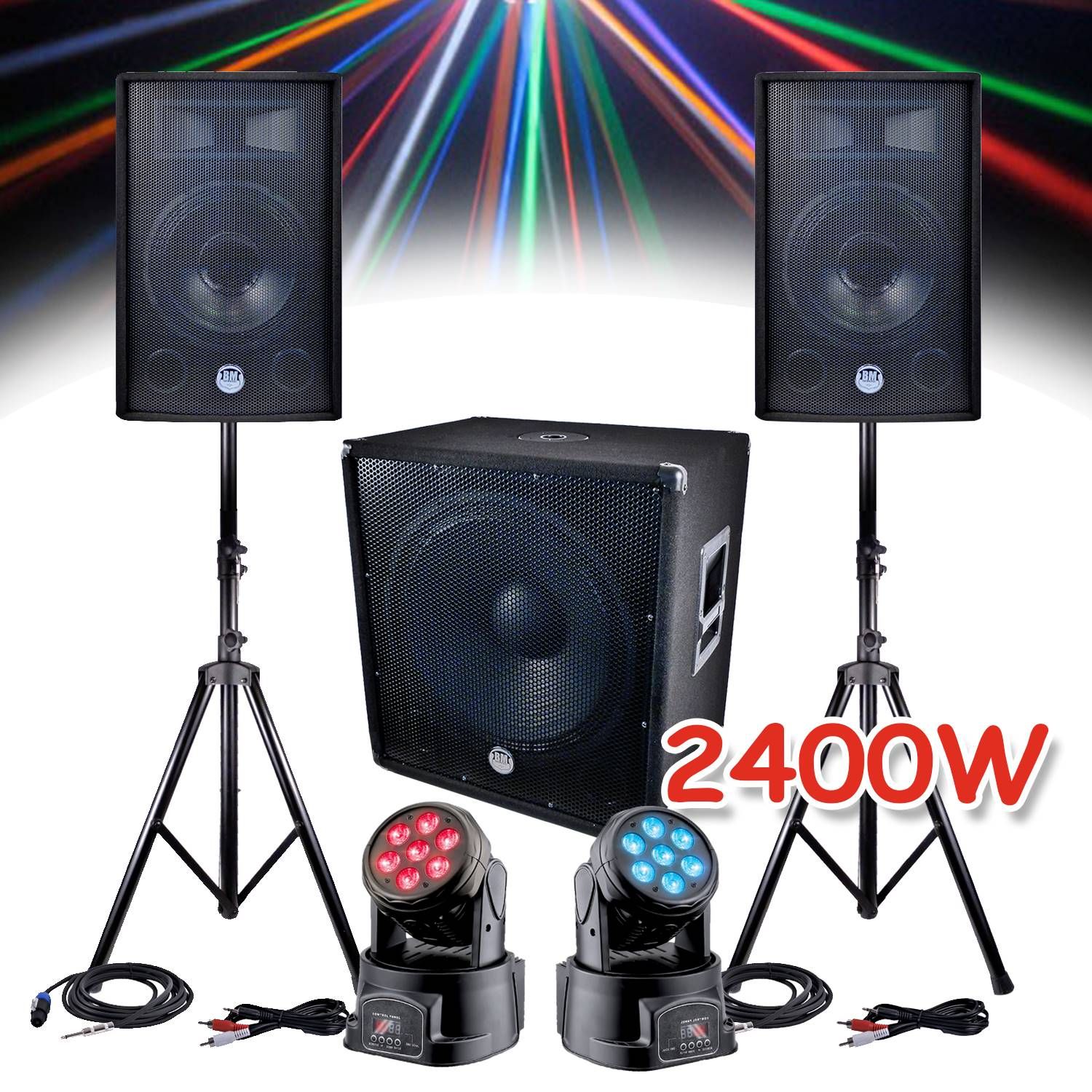 Bm Sonic 2400W Sound Pack - 2 30cm Speakers + 46cm Subwoofer + Cables + 2 LED DMX RGB Lyres + 4W White