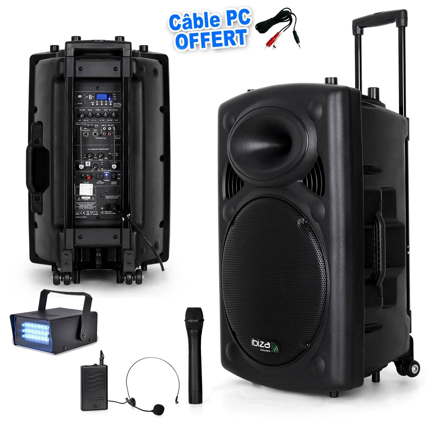 Ibiza Mobile MP3 Speaker System 800W + 2 VHF Wireless Micros + PC Cable + 2 LytOr Mini Strobes