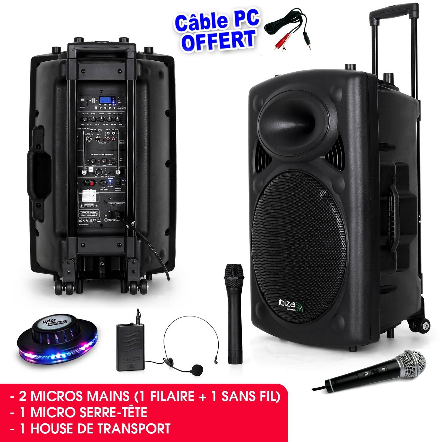 Ibiza Mobile MP3 Speaker System 800W + 3 Micros PORT15VHF-BT + PC Cable + RoundMagic LytOr Effect