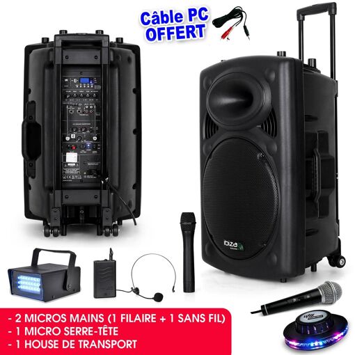 Ibiza Mobile PA System 800W + 3 Microphones VHF-BT + PC Cable + RoundMagic Effect + Mini Strobe