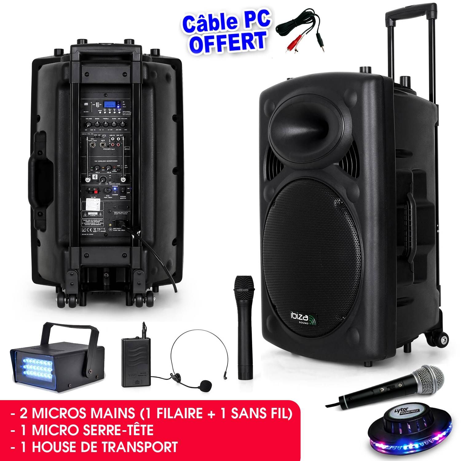Ibiza Mobile PA System 800W + 3 Microphones VHF-BT + PC Cable + RoundMagic Effect + Mini Strobe