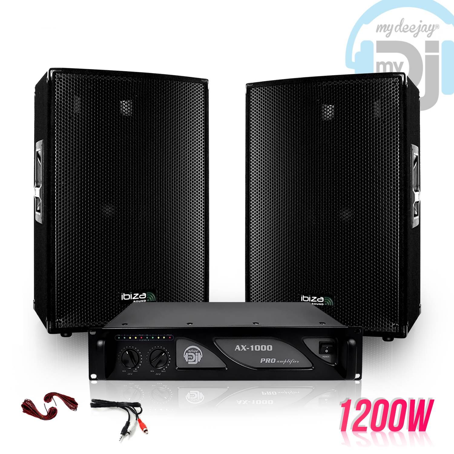 Kit de altavoces Ibiza Disco12 (1200W) con amplificador MyDj 1000W y cables