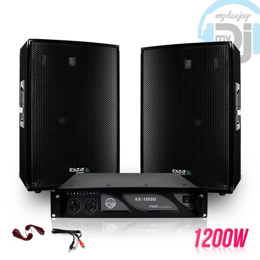 Ibiza Disco12 Speaker Pack (1200W) with MyDj 1000W Amplifier and Cables
