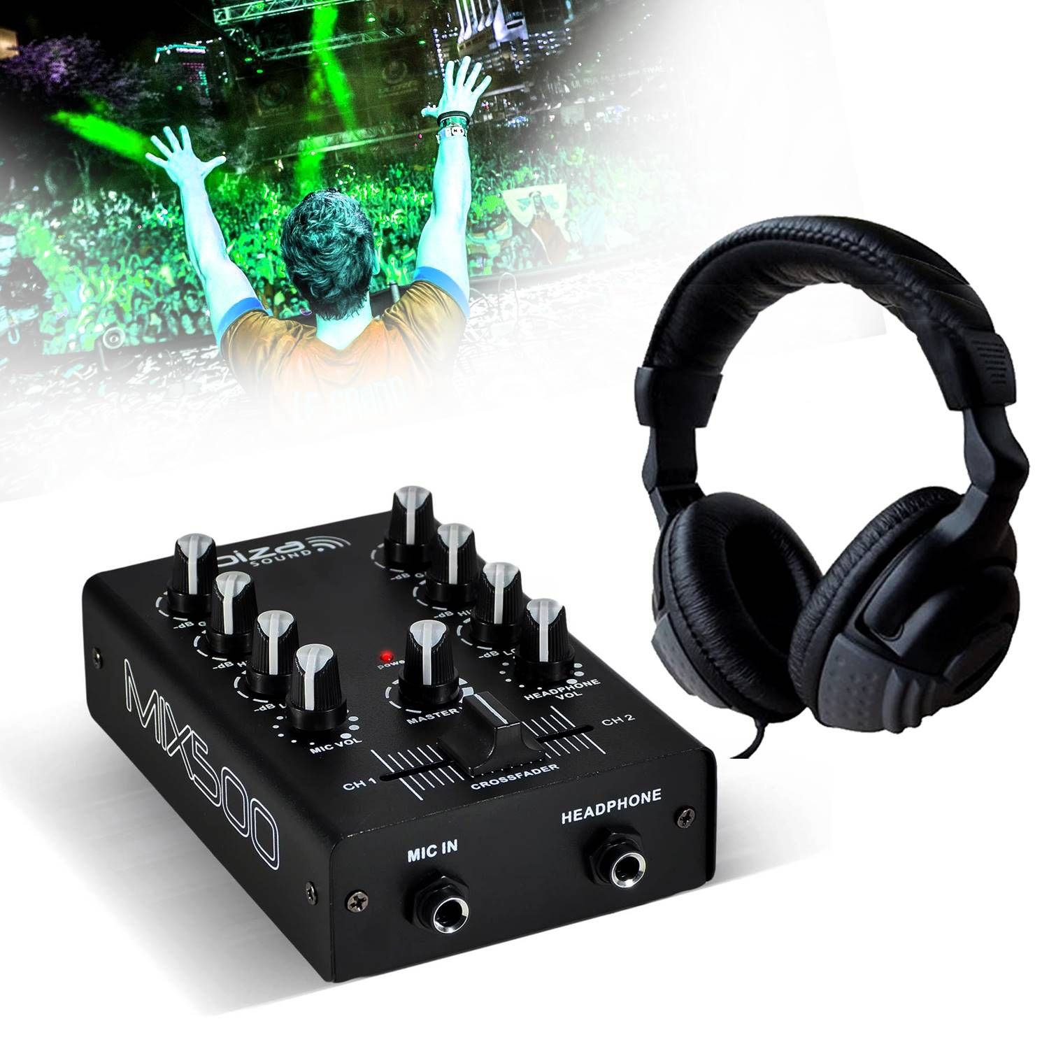 Ibiza DJ Mixing Table 2-Channel 3-Input Mix500 + Audio Headphones