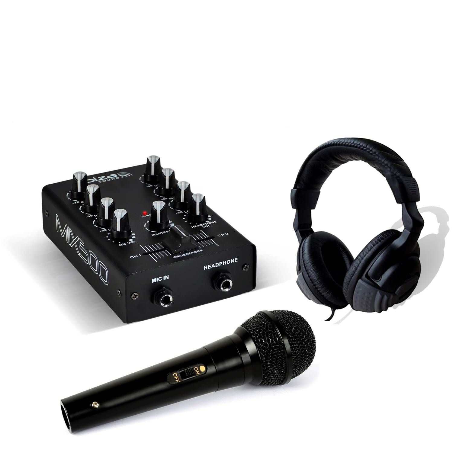 Ibiza DJ Mixer MIX500 + Headphones + Microphone Kit