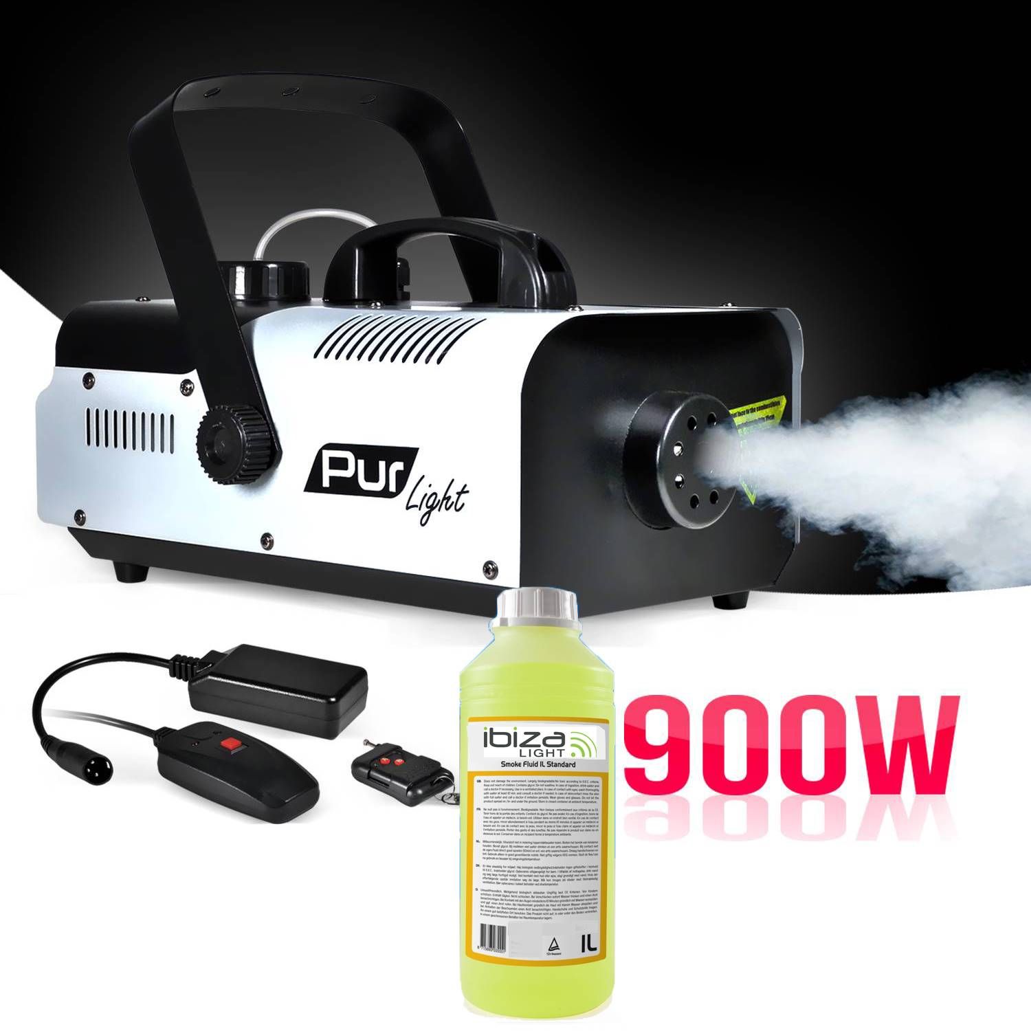 Pur Light PRO DJ Smoke Machine 900W + Stand + 2 Remote Controls + 1L PUR LIGHT NEW Liquid