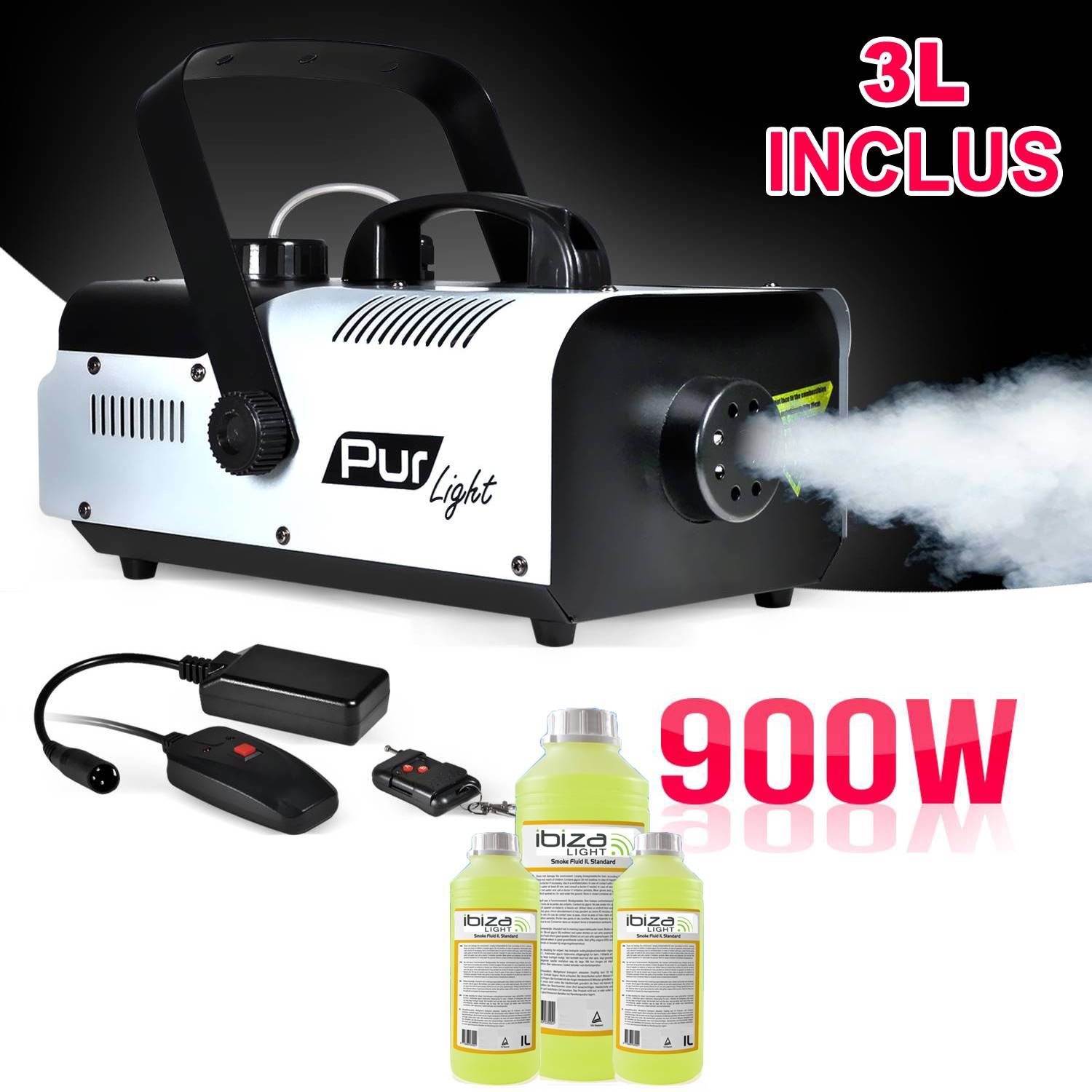 Pur Light PRO DJ Mega Smoke Machine 900W + Mounting Bracket + 2 Remotes + 3L PUR LIGHT NEW ARRIVAL Liquid