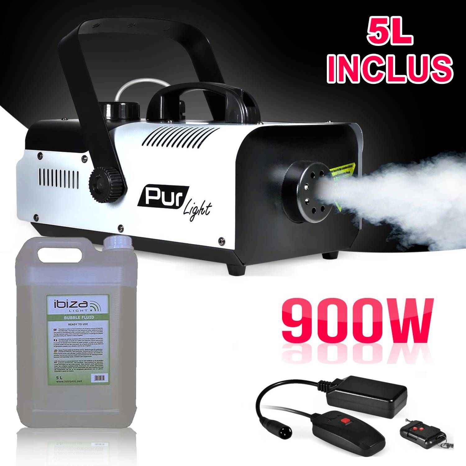 Pur Light PRO DJ Mega Smoke Machine 900W + Mounting Stand + 2 Remote Controls + 5L PUR LIGHT NEWAR900 Liquid