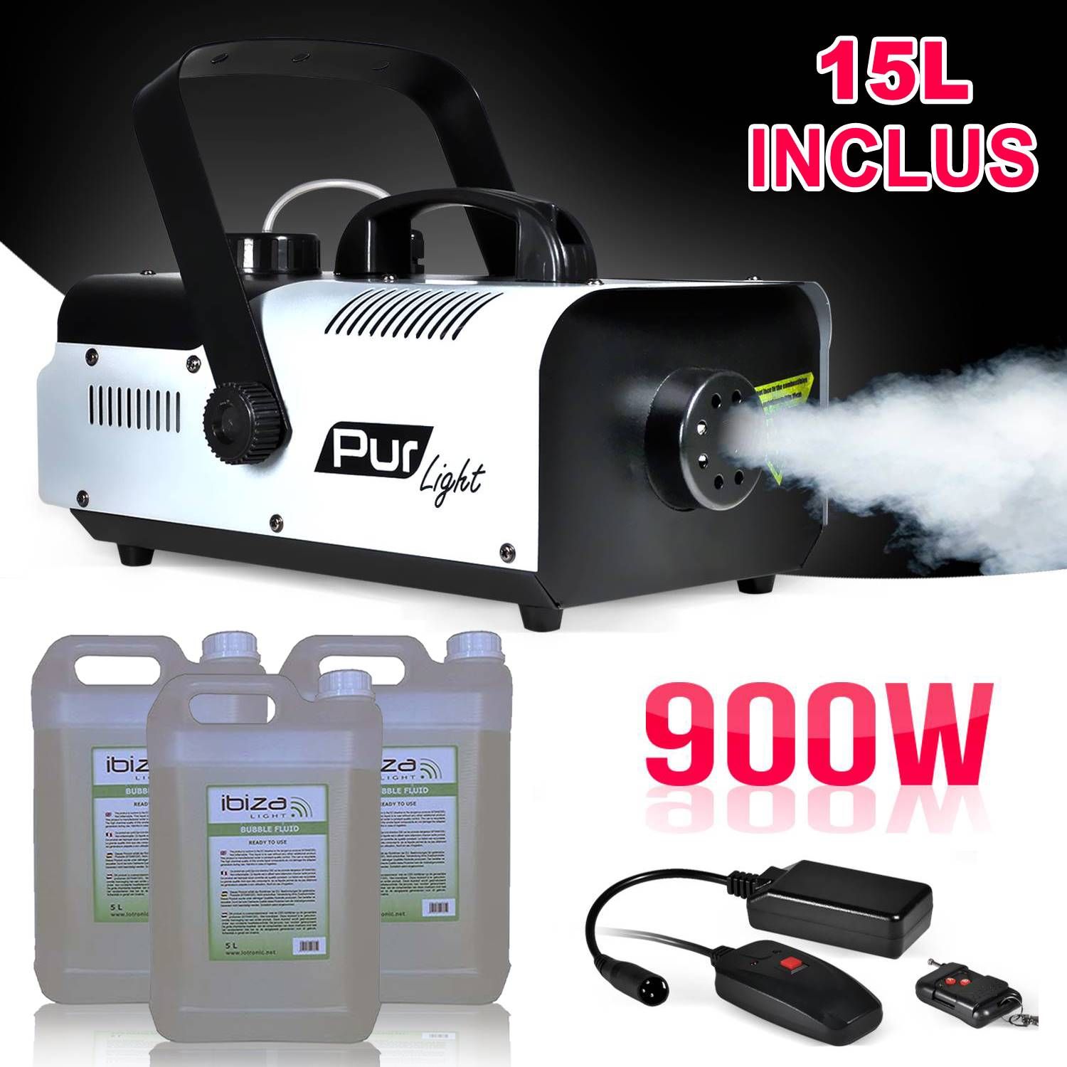 Pur Light PRO DJ Mega Smoke Machine 900W + Mounting Stand + 2 Remote Controls + 15L PUR LIGHT NEW ARRIVAL LIQUID