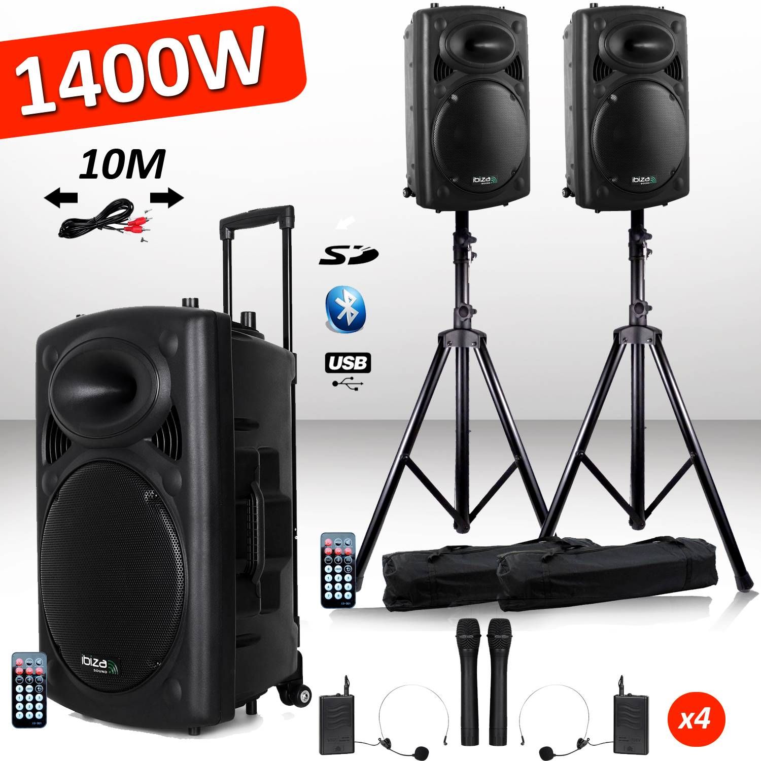 Ibiza Amplified Active Speaker System 1400W BT PORT12VHF with Bluetooth and VHF Wireless Microphones