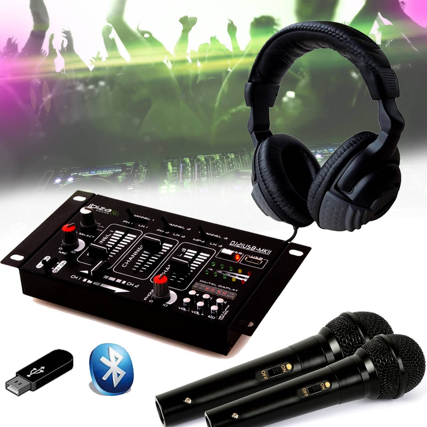 DJ Mixing Kit Ibiza DJ21 USB Bluetooth + DJ Headphones + 2 Mics