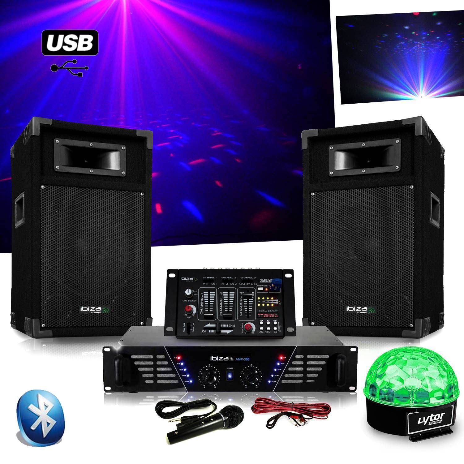 Ibiza DJ300 Amplifier Pack with Enclosures, USB/Bluetooth Mixer, and LED Lights