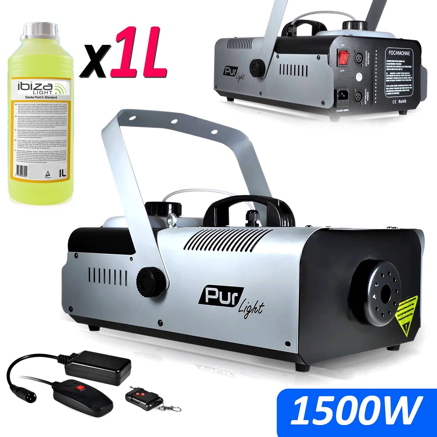 Pur Light Smoke Machine Pro Sono 1500W + Tripod + 2 Remote Controls NEWARK1500 + 1L Liquid