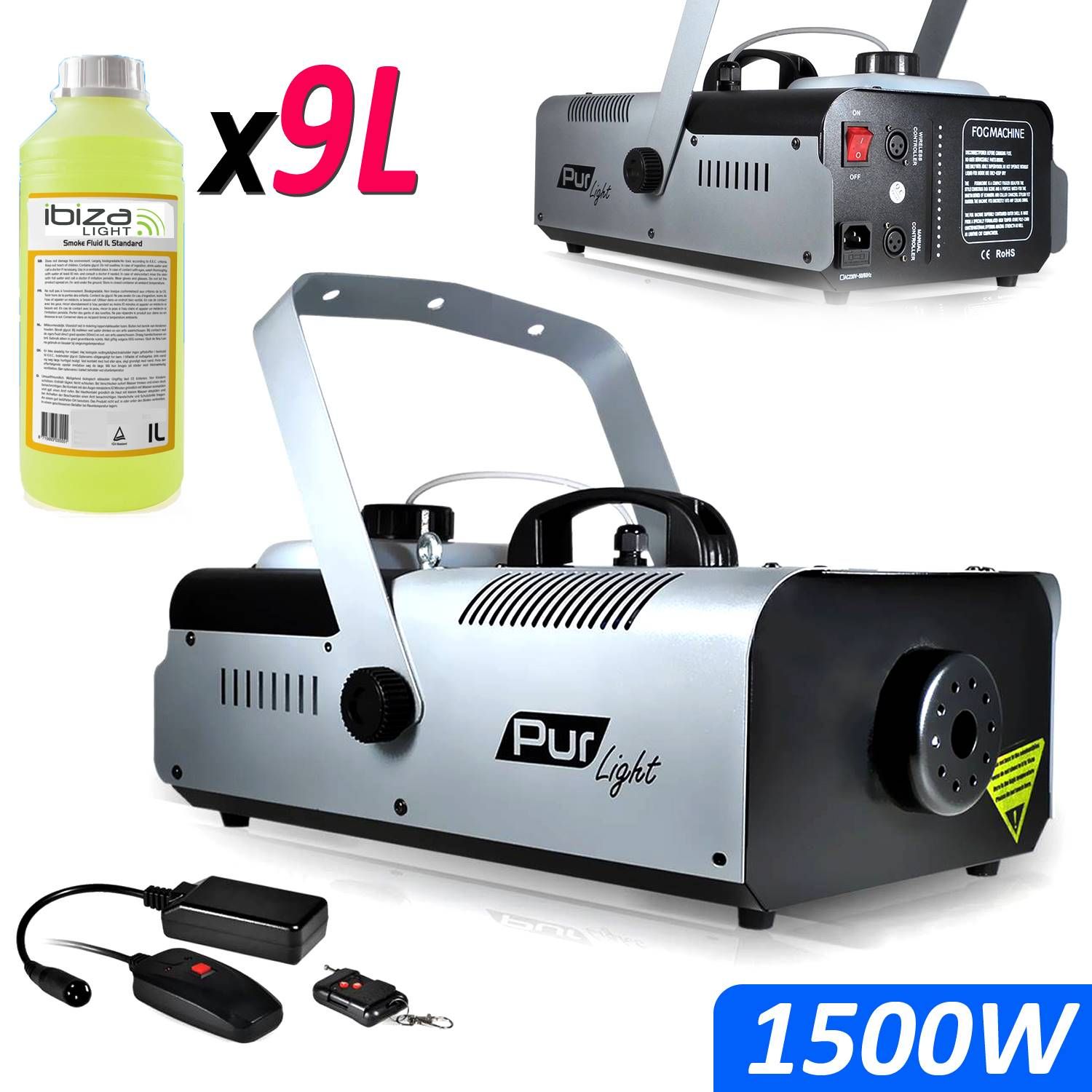 Pur Light Mega Smoke Pro 1500W Smoke Machine + Stand + 2 Remote Controls