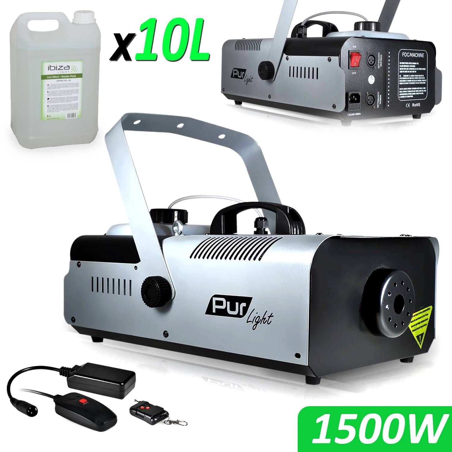 Pur Light Mega Smoke Machine 1500W + Stand + 2 Remotes + 10L Liquid