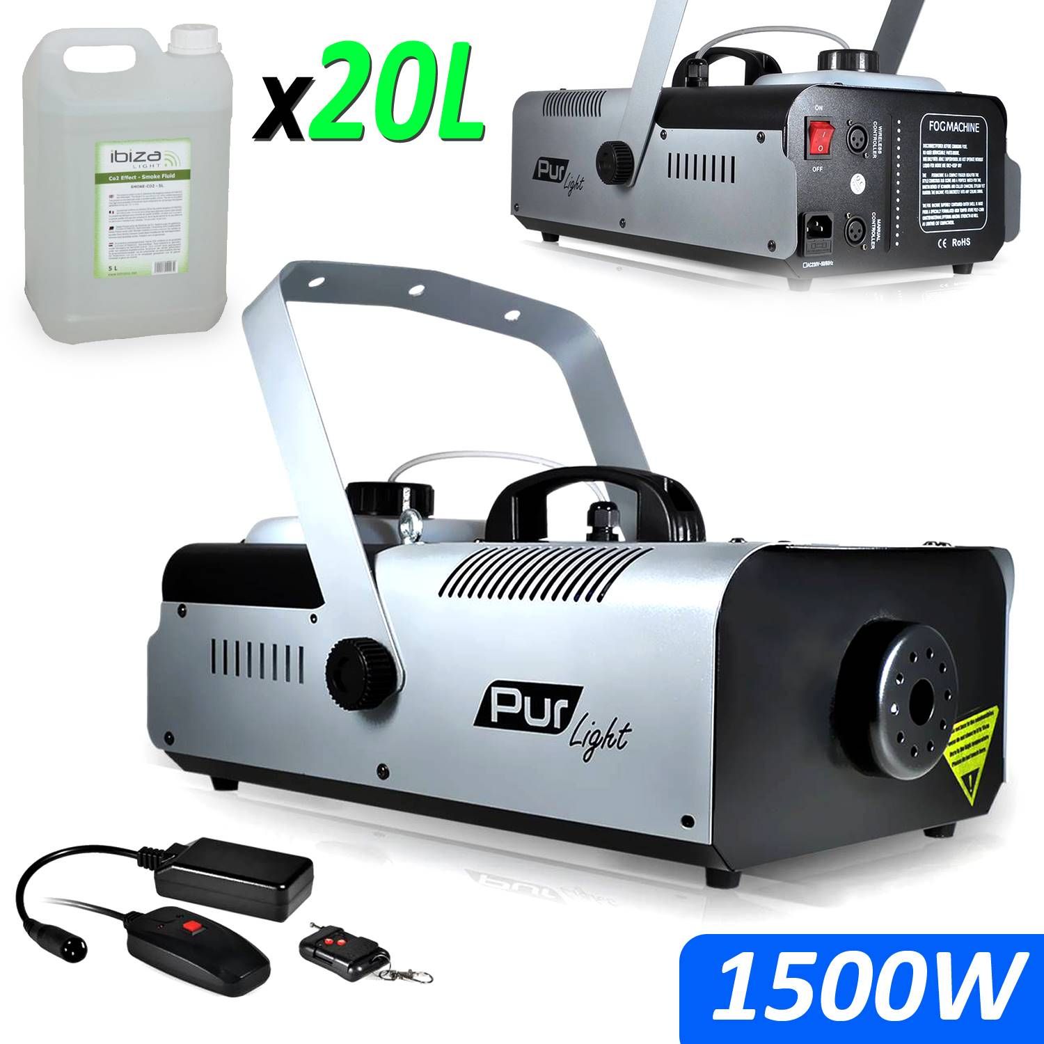 Pur Light Mega Smoke High Density 1500W Smoking Machine + Stand + 2 Remote Controls NEWARK1500 + 20L Liquid