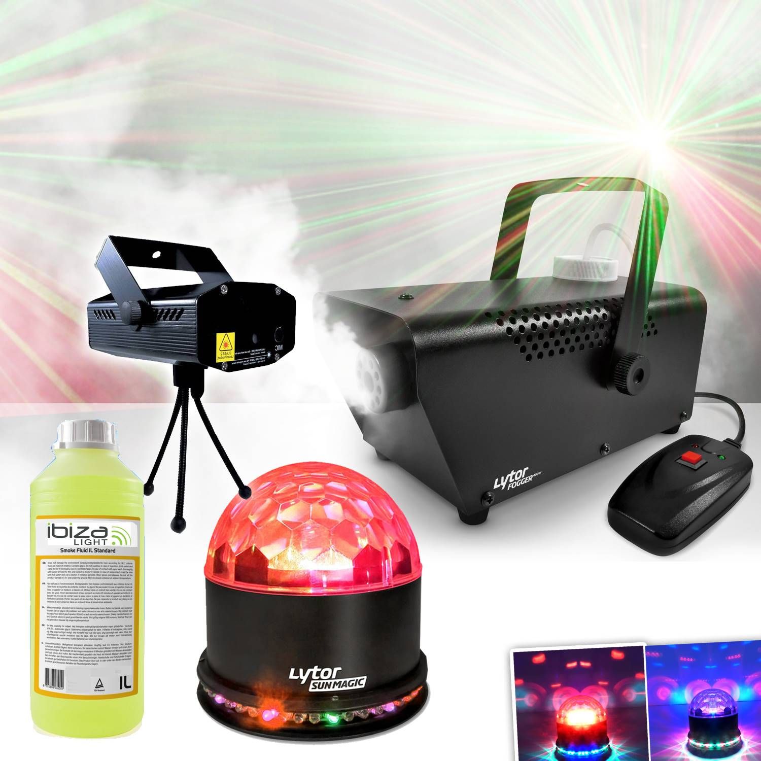Kit de soirée Halloween Ibiza Light : effets lumineux LED + machine à fumée et liquide