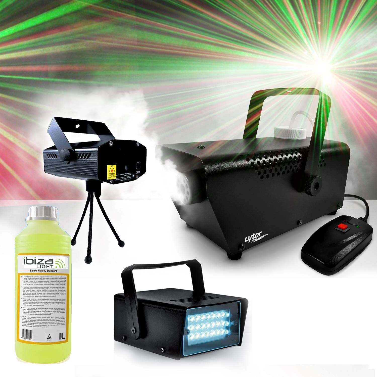 Kit de soirée Halloween Ibiza Light : effets lumineux LED stroboscopiques, machine à fumée et liquide