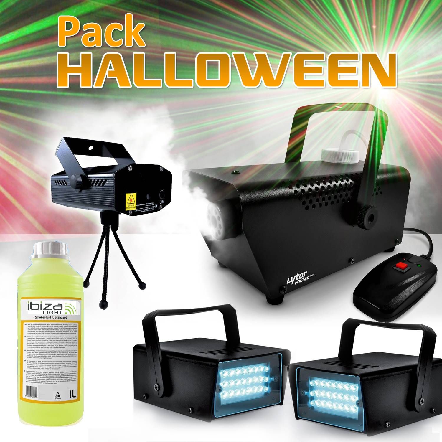 Kit d'effets de lumière Ibiza Light pour fête d'Halloween (2 stroboscopes + machine à fumée)
