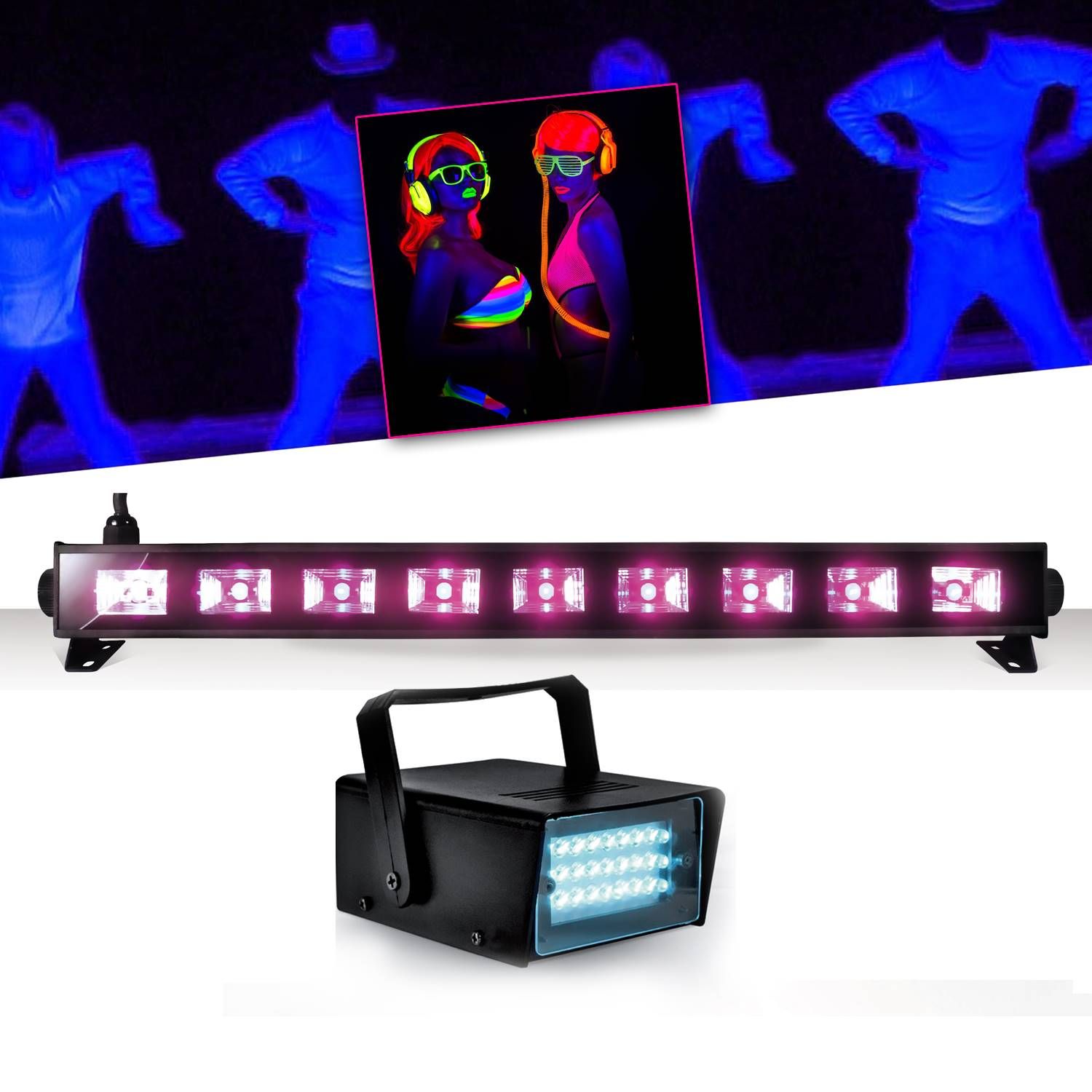 Ibiza Light Neon Bar Light Black 9x3WFLUO Black Light Halloween + Mini LED Strobe