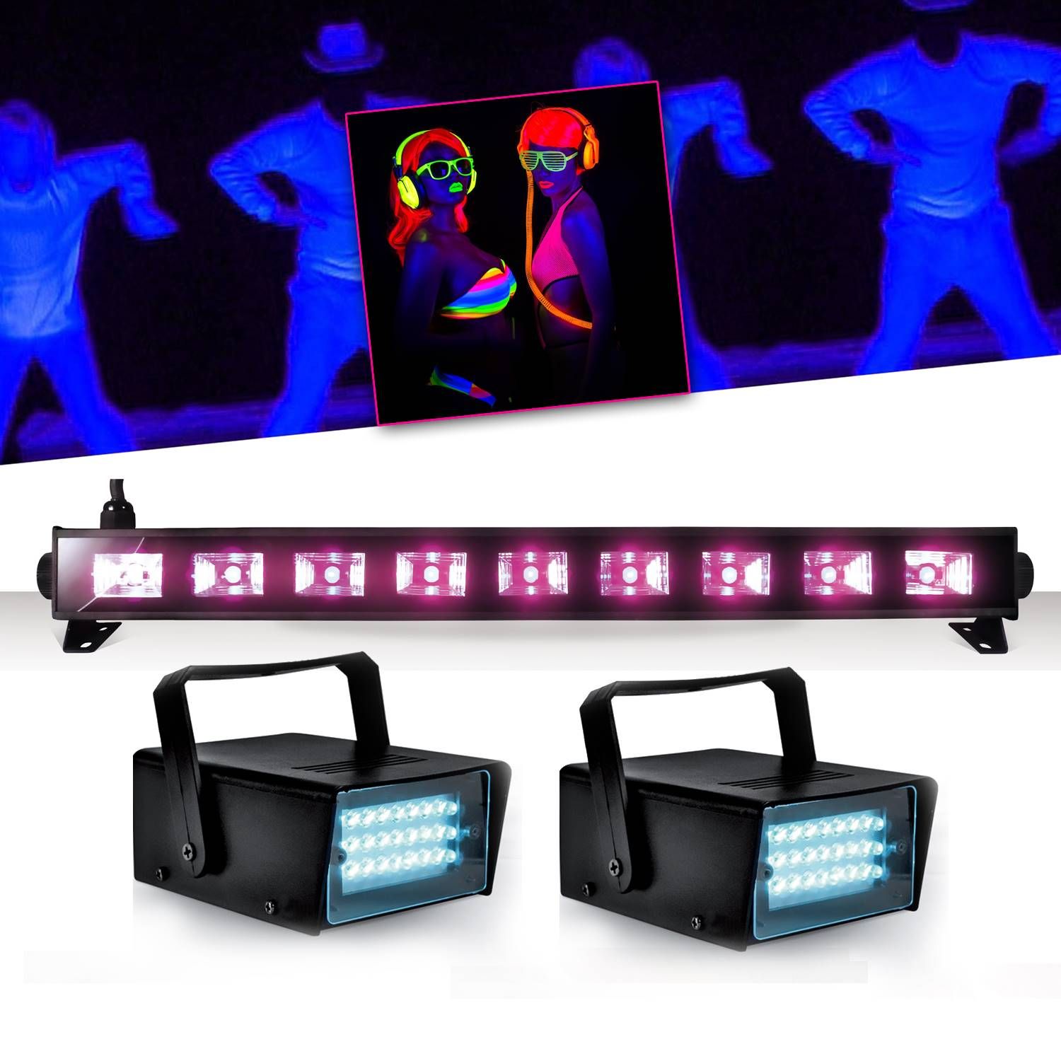 Ibiza Light Black Neon Light Strip - 9x3W UV LEDs + 2 Mini LED Strobe Lights