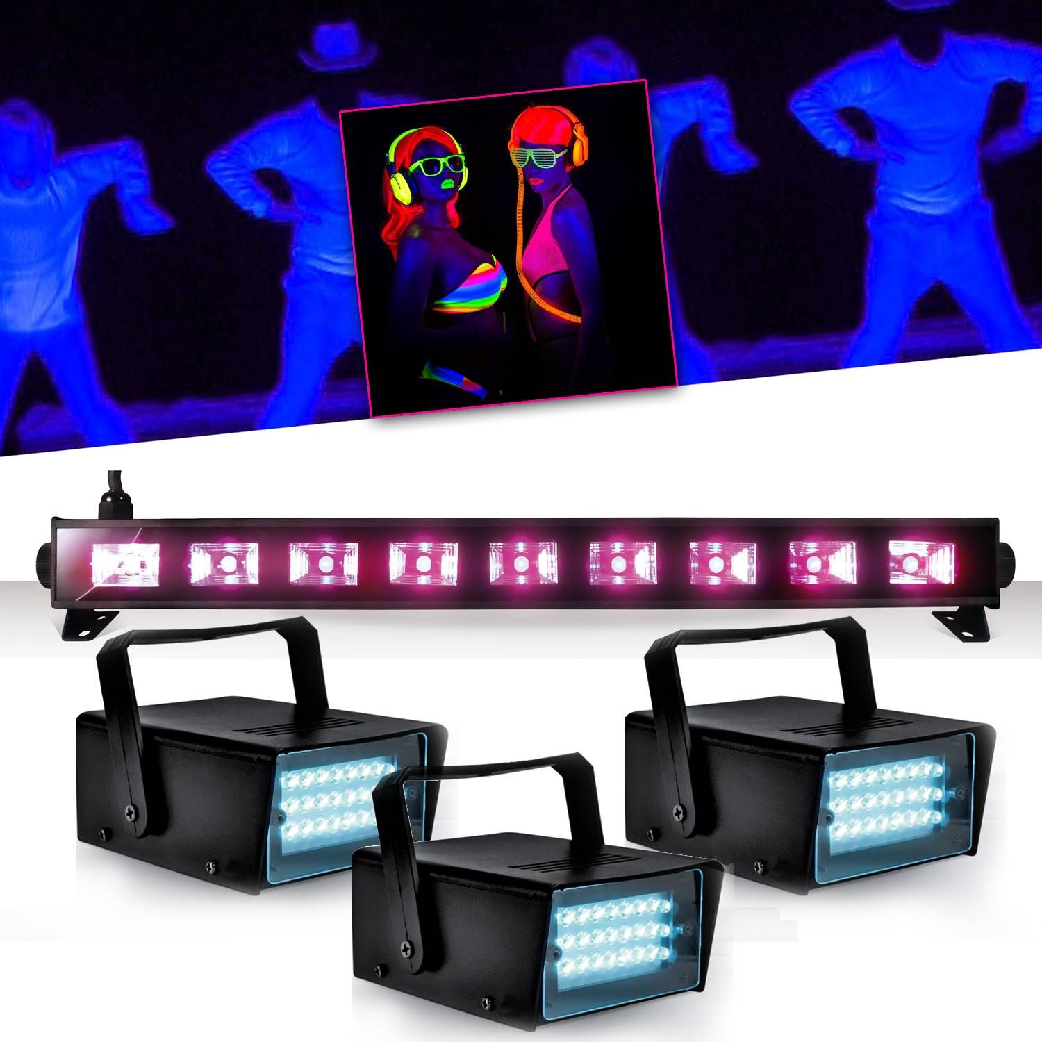Ibiza Light Neon Bar Light - Black Light for Halloween + 3 Mini LED Strobe Lights
