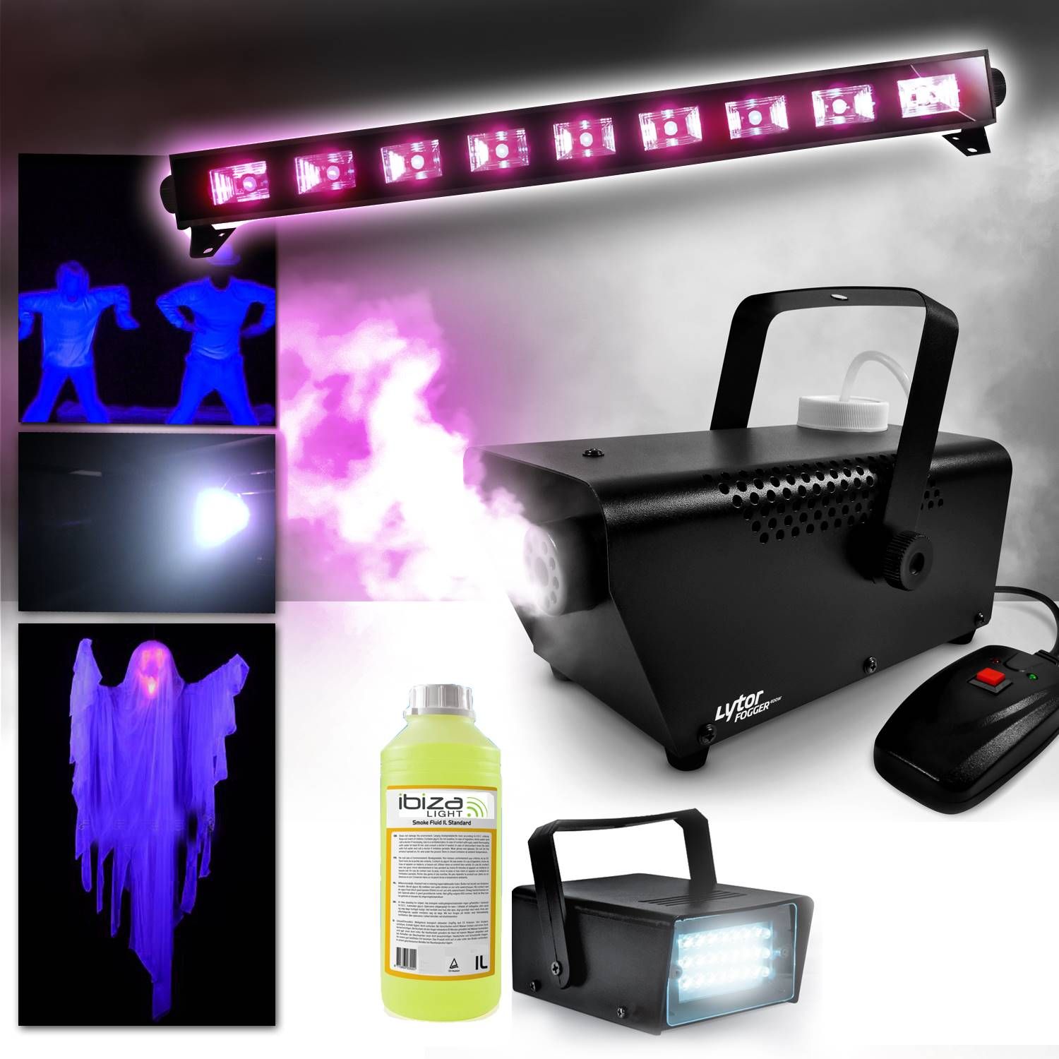 Machine Ibiza Light Halloween - Générateur de fumée, barre lumière néon et stroboscope LED UV