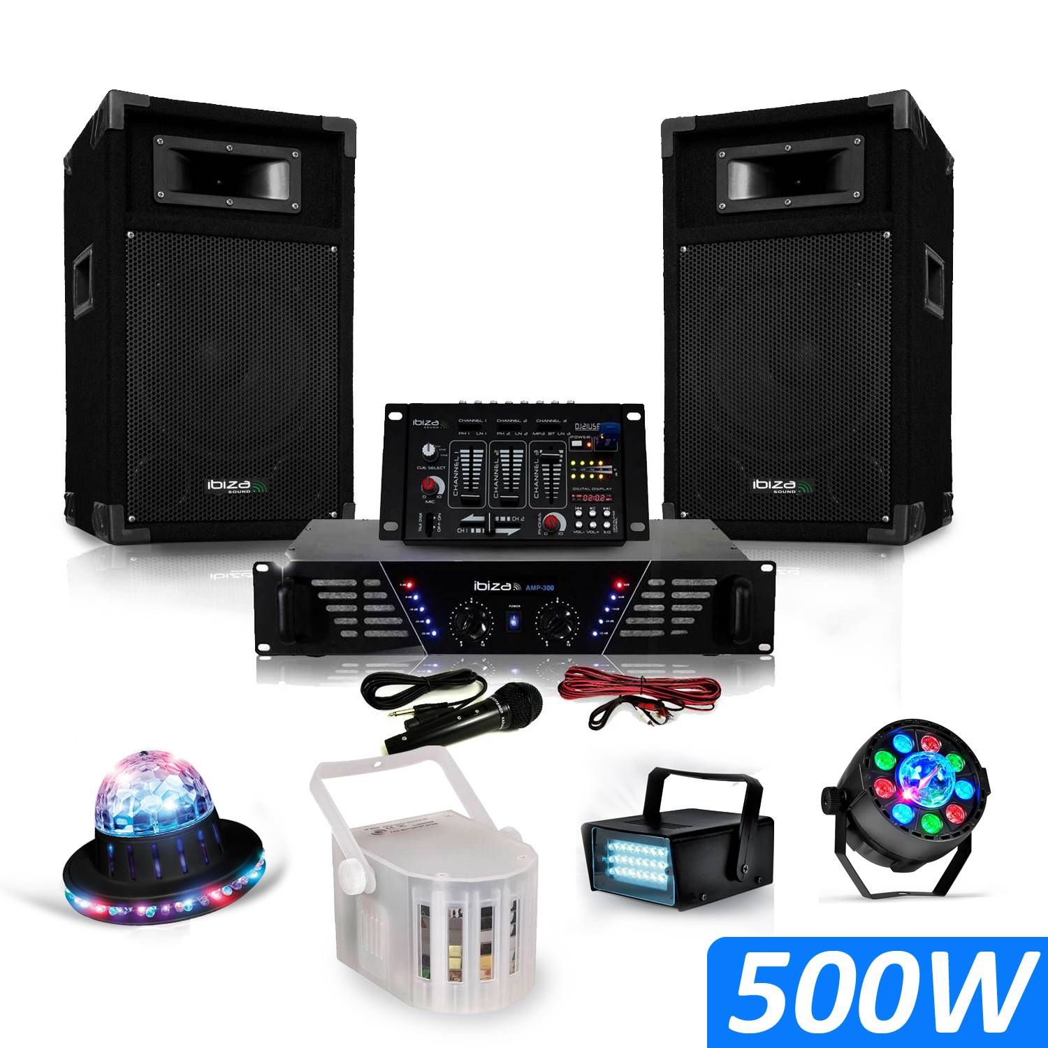 Kit Ibiza Sonido 500W: Amplificador, Altavoces, Mesa de Mezcla USB, Luces LED
