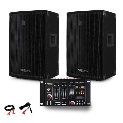 Par de altavoces pasivos Ibiza Disco10B 10" 1000W con caja de baja reflexión + mesa de mezclas DJ21 USB MKII + cable PC