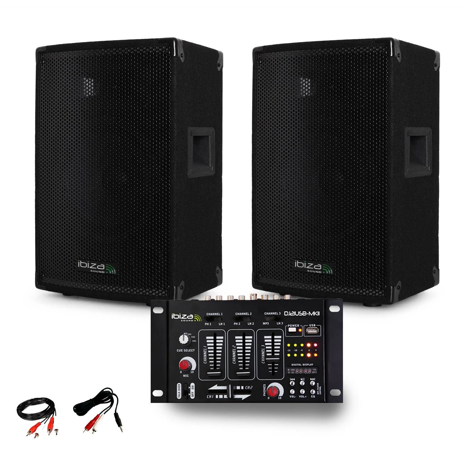 Par de altavoces pasivos Ibiza Disco10B 10" 1000W con caja de baja reflexión + mesa de mezclas DJ21 USB MKII + cable PC