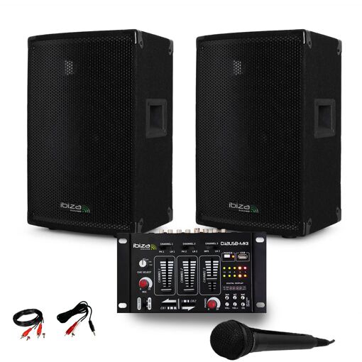 Altavoces pasivos Ibiza Disco10B trapezoidales (par) con mezclador USB DJ21 y micrófono