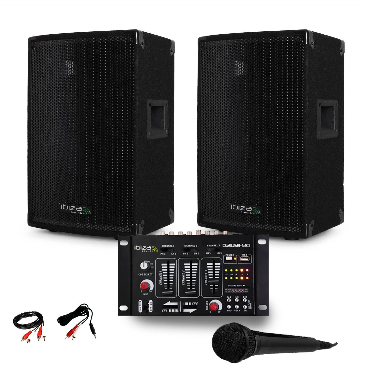 Altavoces pasivos Ibiza Disco10B trapezoidales (par) con mezclador USB DJ21 y micrófono