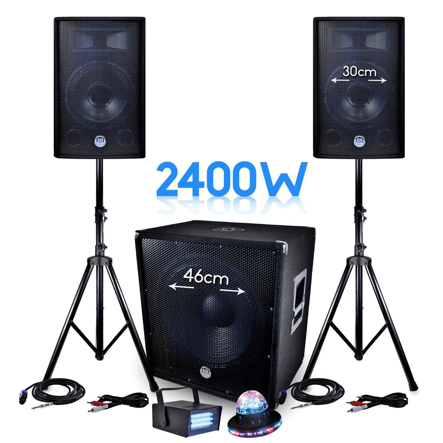 Bm Sonic PACK Sono BMS-1812 2400W SUB 46cm - 2 30cm Speakers + Cables + LytOr Mini LED Strobe + UFO Roundiams Effect