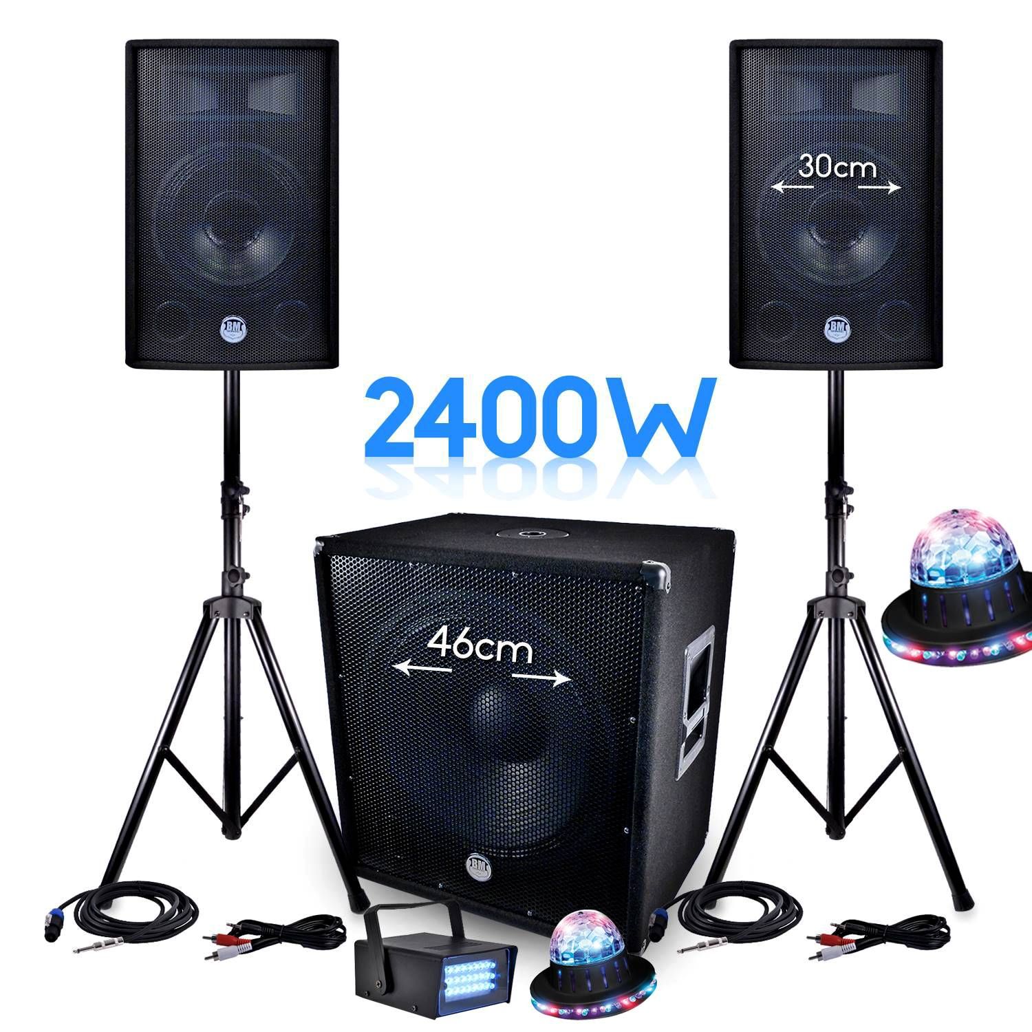 Bm Sonic PACK SONO 2400W BMS-1812 SUB 46cm 2 Enceintes 30cm + Cables + Mini LED Strobe LytOr + 2 Effets ROUNDIAMS UFO