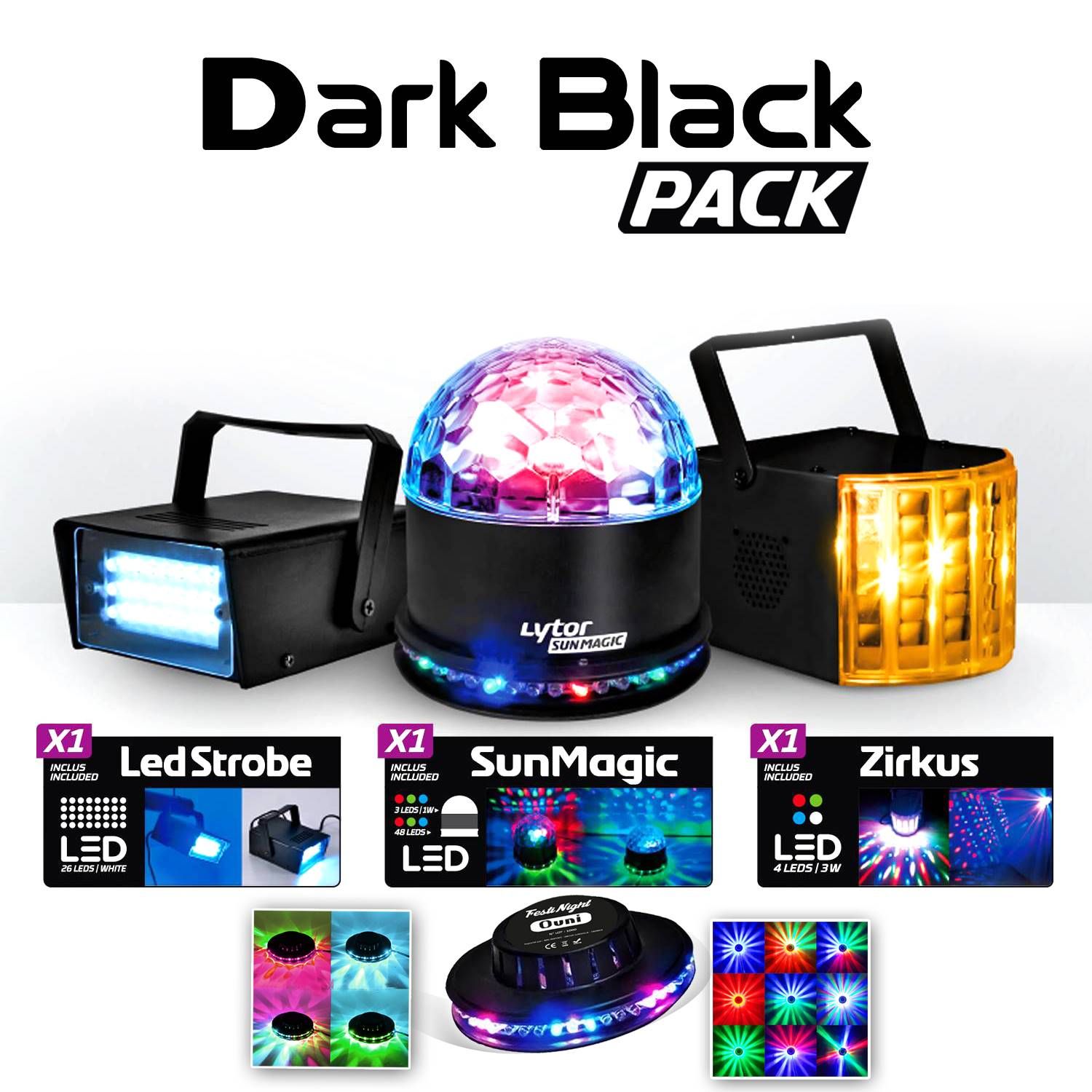 Lytor Dark Black 4-Effect Derby Zirkus + SunMagic ASTRO/UFO + Strobe + Ovni Kit