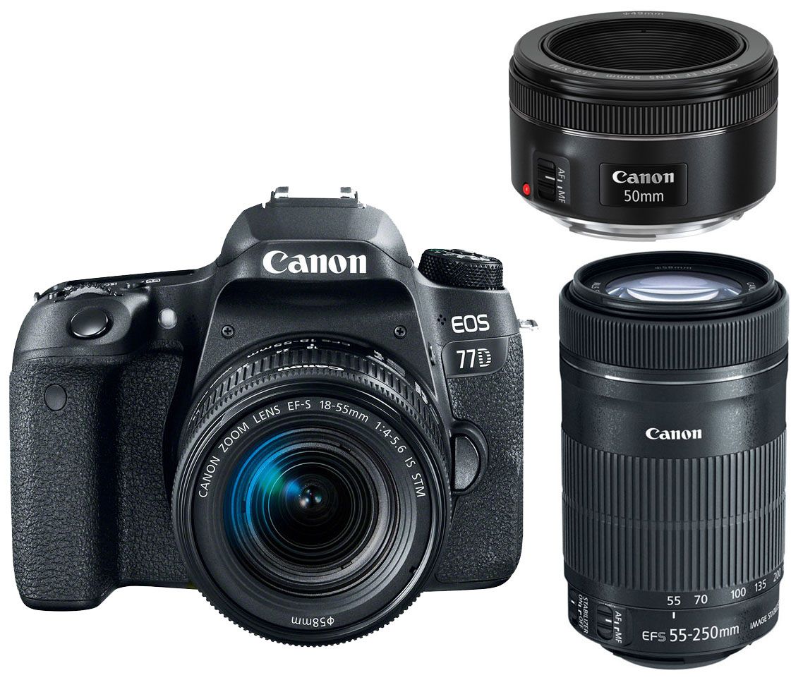 Canon EOS 77D + EF-S 18-55mm IS STM + EF-S 55-250mm IS STM + 50mm STM Lens Kit