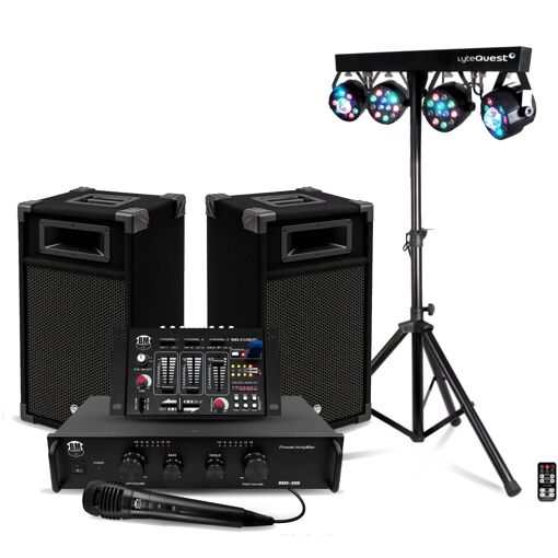 Kit de sonorisation disco complet Bm Sonic BMS-DJ300 - Enceintes DJ amplifiées avec table de mixage Bluetooth et éclairage Xperformer LED