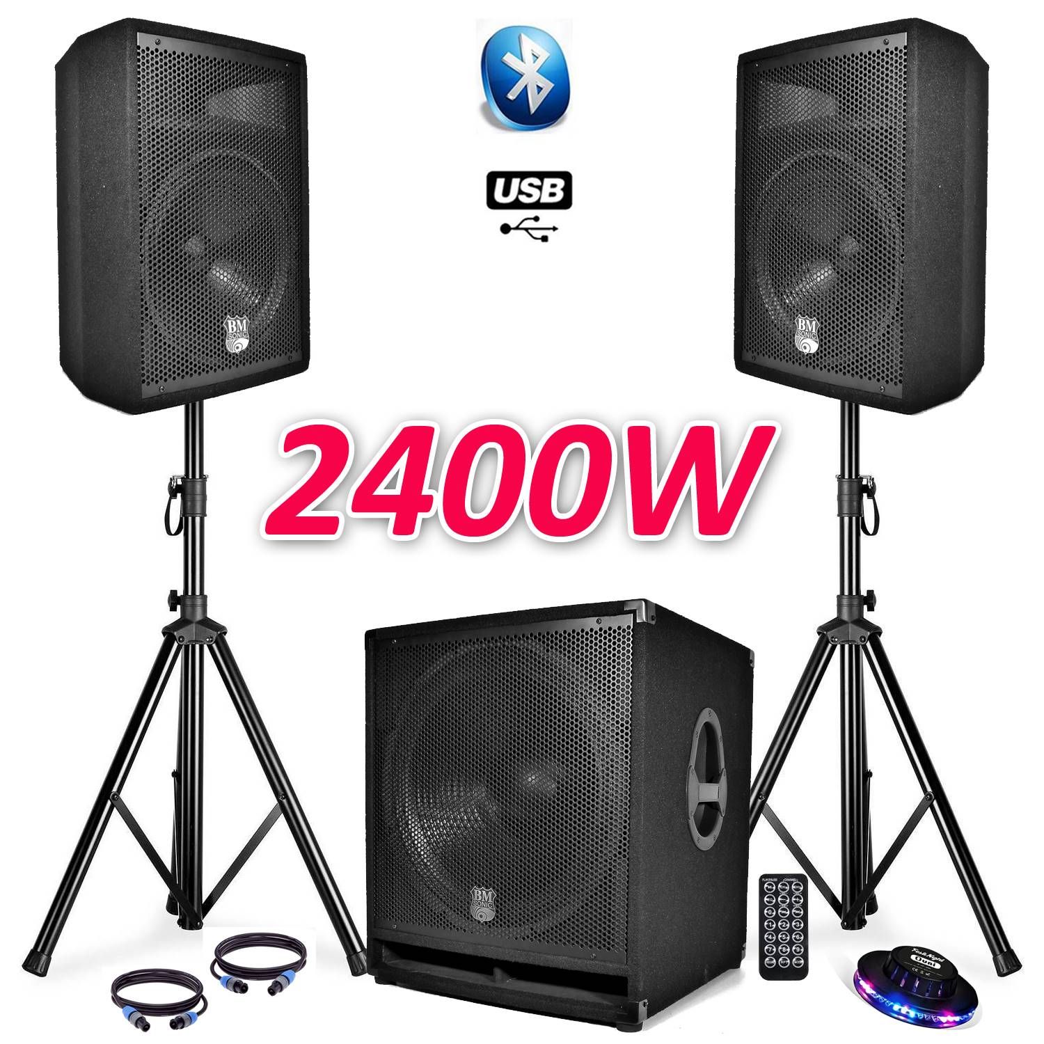 Paquete de sonido completo BMS1812 USB/Bluetooth Subwoofer de 18'' + 2 Altavoces de 12'' + Pies + Cables + Control Remoto + Efecto de luz OVNI