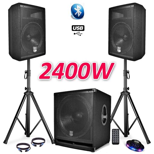 Complete Sound Package BMS1812 USB/Bluetooth 18" Subwoofer + 2 x 12" Speakers + Stand + Cables + Remote + UFO Light Effect