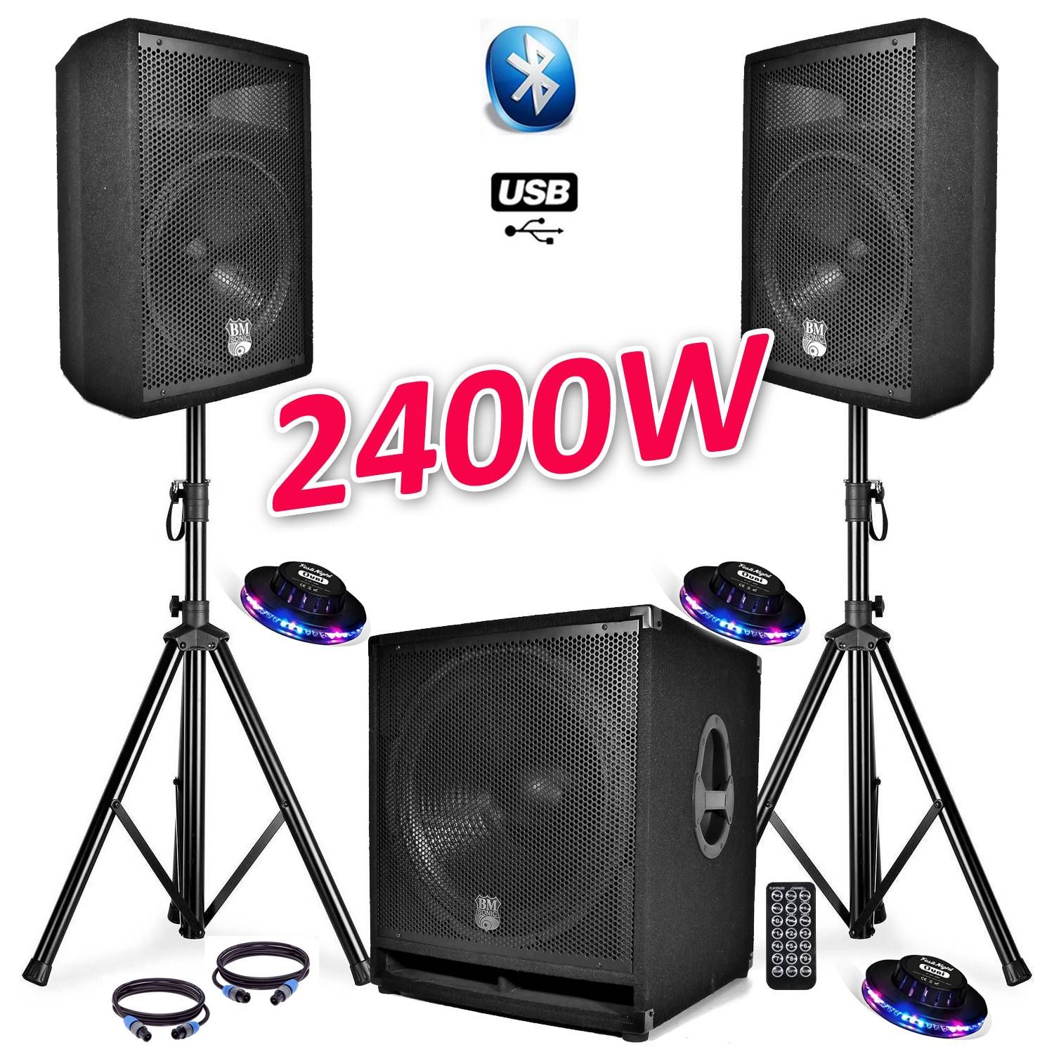 Paquete de Sonido Completo BMS1812 USB/Bluetooth 18" Subwoofer + 2 Altavoces de 12" + Soporte + Cables + Control Remoto + 3 Luces OVNI