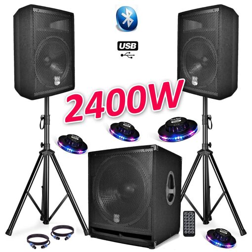 Complete Sound Pack BMS1812 USB/Bluetooth 18" Subwoofer + 2 12" Speakers + Stand + Cables + Remote + 4 UFO Lights