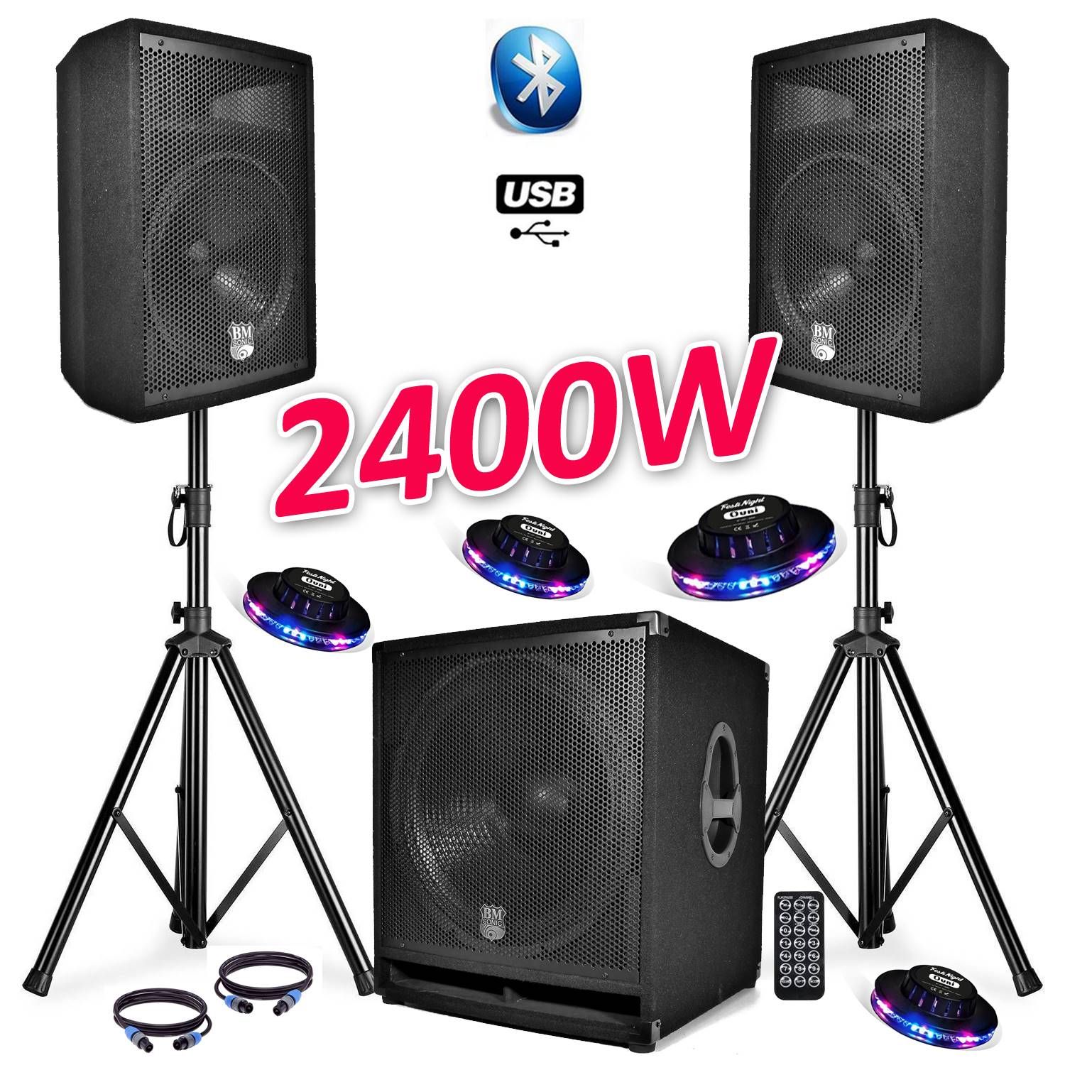 Paquete de Sonido Completo BMS1812 USB/Bluetooth 18" Subwoofer + 2 Altavoces de 12" + Piezas de Apoyo + Cables + Control Remoto + 4 Luces OVNI