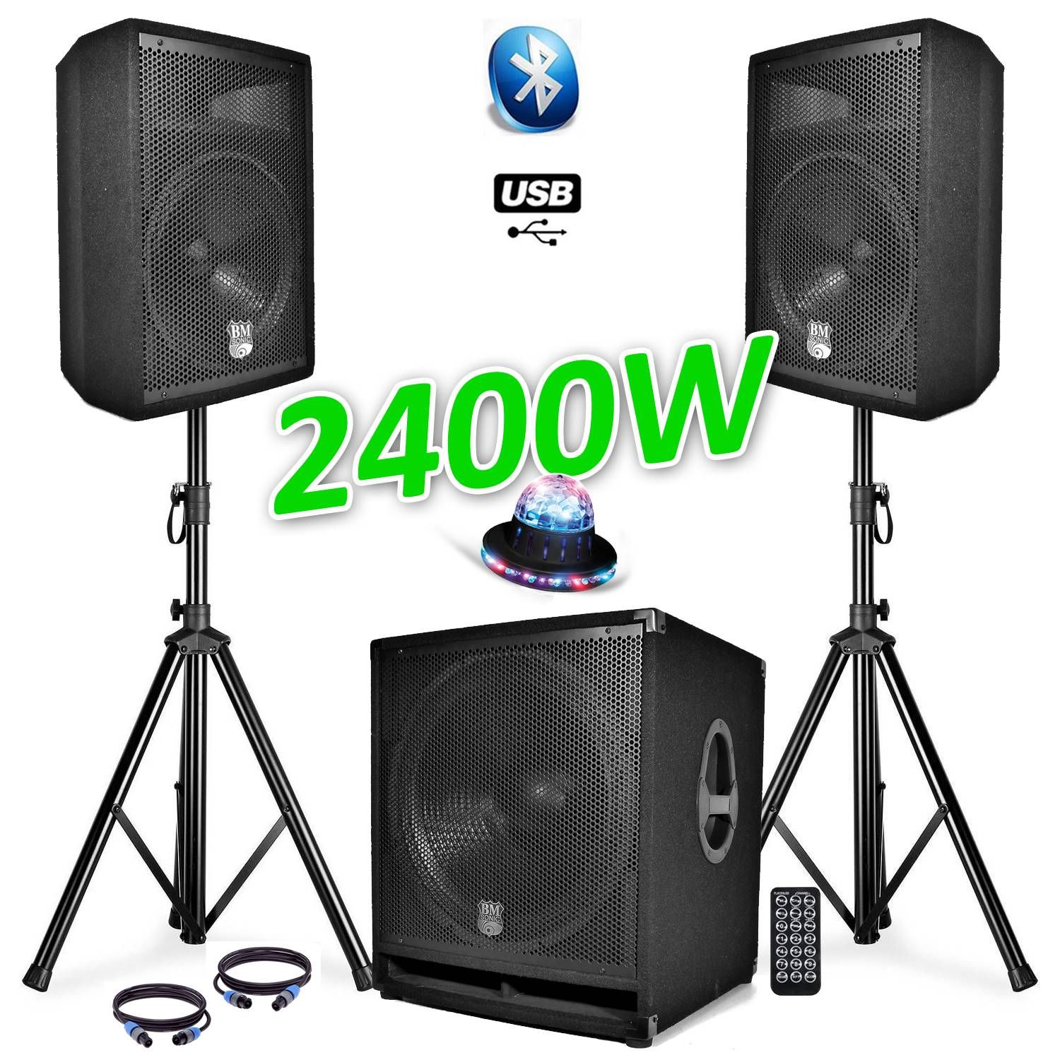 Paquete de sonido completo Bm Sonic BMS1812 - Subwoofer activo de 2400W, altavoces de 18' y 12', pies, cables, control remoto, iluminación Roundiams