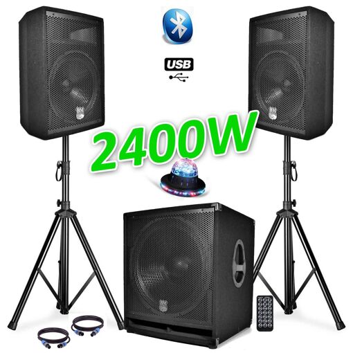 Bm Sonic Complete Sound Pack BMS1812 - 2400W Active Subwoofer, 18" and 12" Speakers, Stands, Cables, Remote Control, Roundiams Lighting