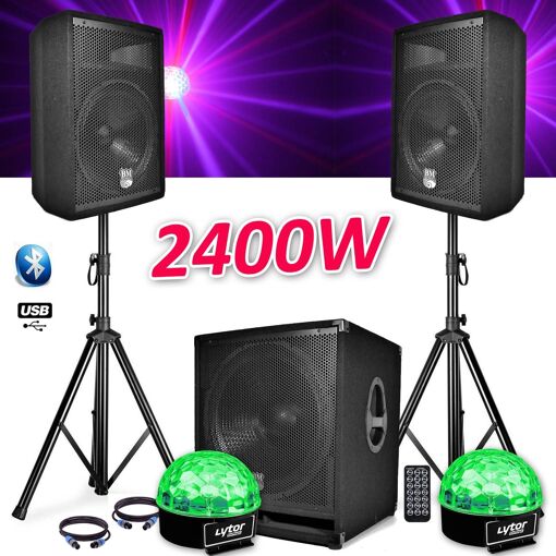 Bm Sonic Complete Sound System BMS1812 - 2400W Active Subwoofer 18', 2 x 12' Speakers, Stands, Cables, Remote & SIXMAGIC Lights
